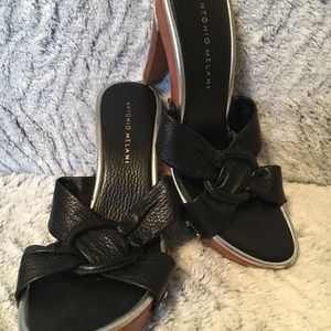 Antonia Melani Black Leather And Wood Heels